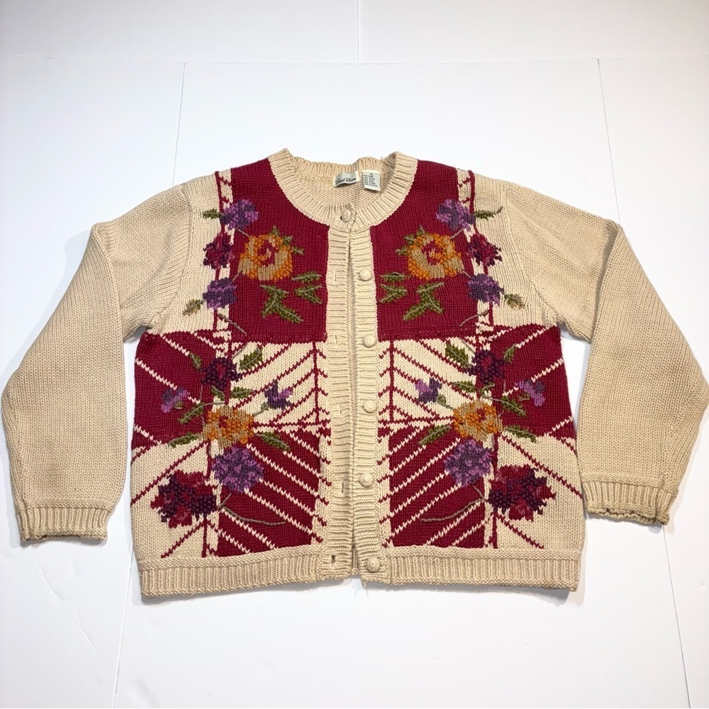 David Loren Vintage Cardigan Sweater XL Embroidery Flowers CottageCore Granny